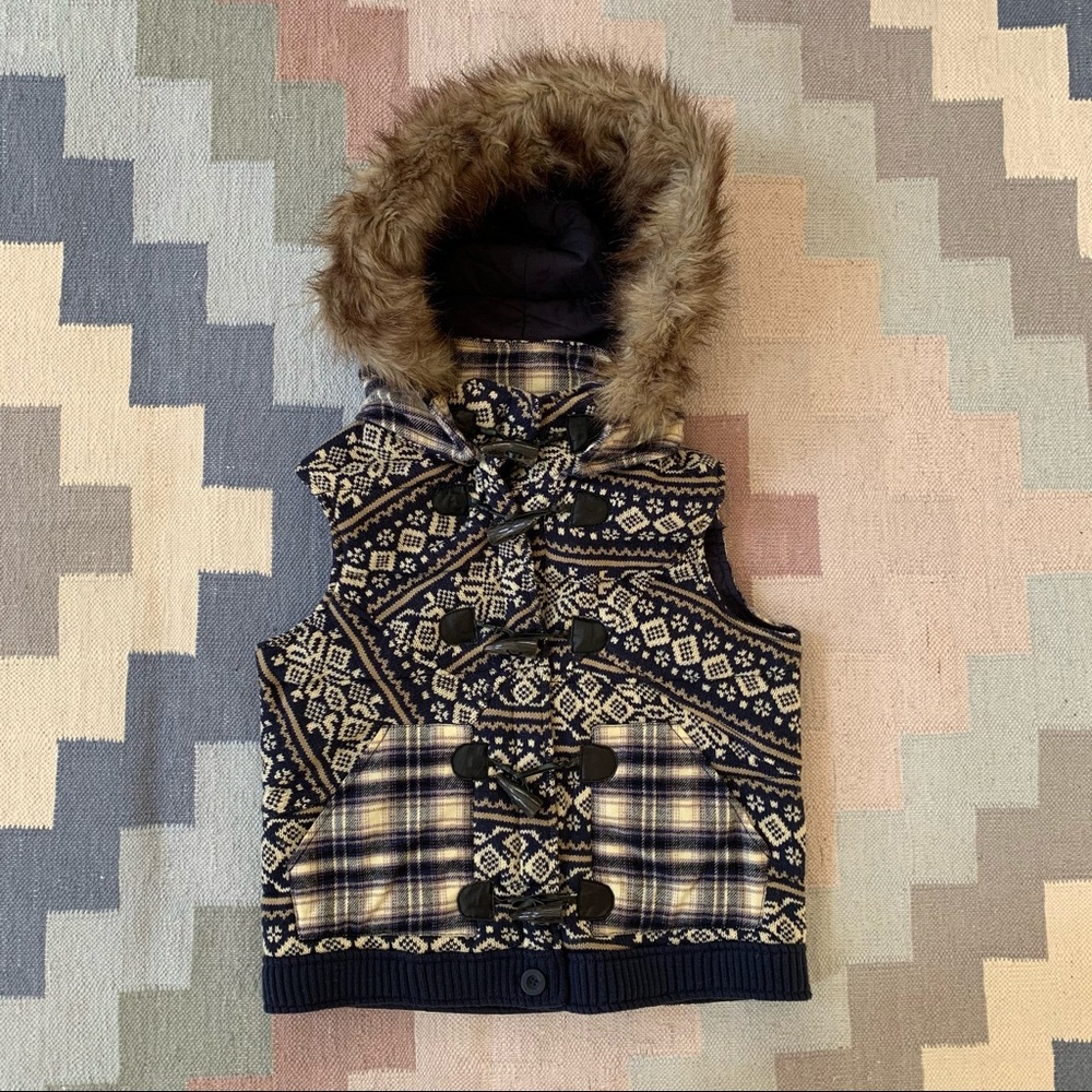 NWOT Lucky Brand Knit/Flannel Hooded Faux Fur Vest